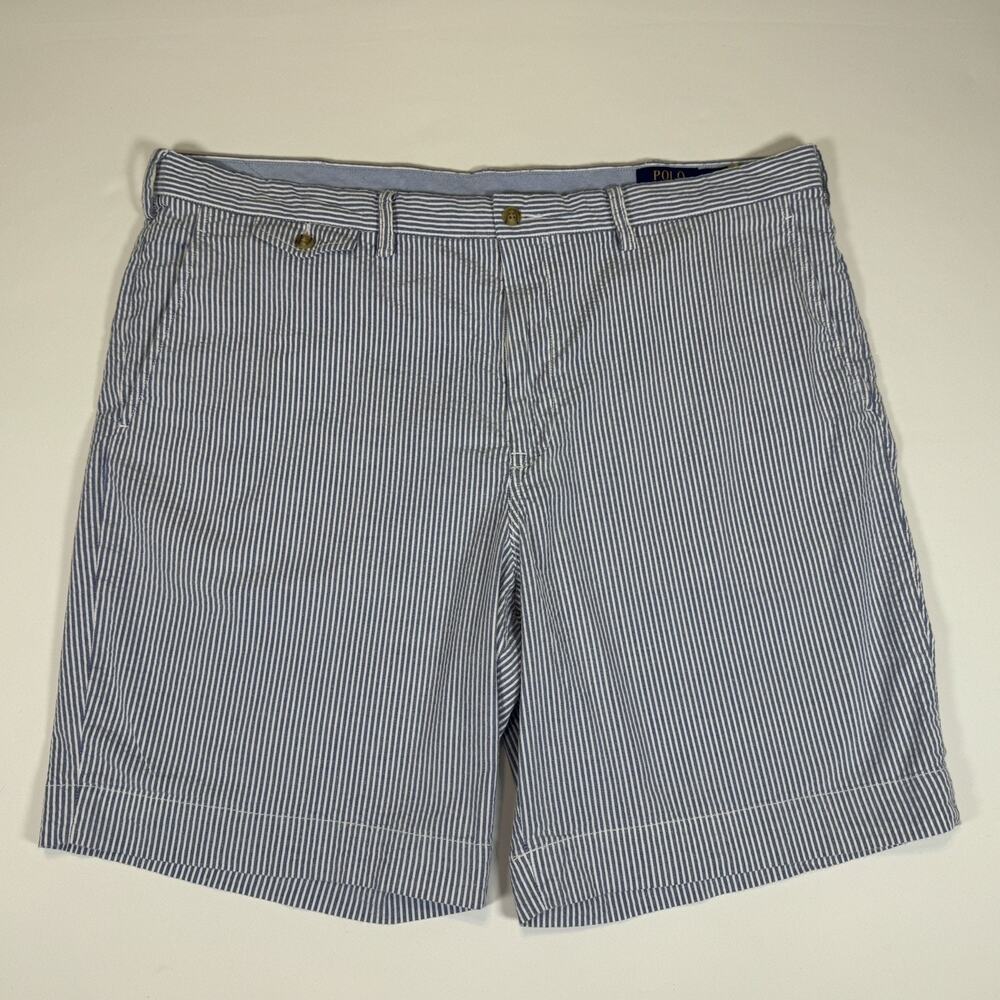 Polo Ralph Lauren Mens Blue White Seersucker Striped Preppy Stretch Shorts Sz 40